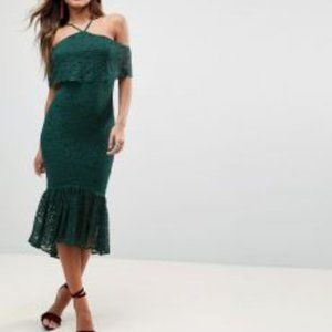 Asos Green Lace Off Shoulder Midi Dress 14 ruffle